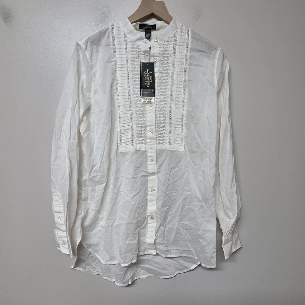 Lauren Ralph Lauren White Cotton Tuxedo Bib Button Down Shirt Womens Large